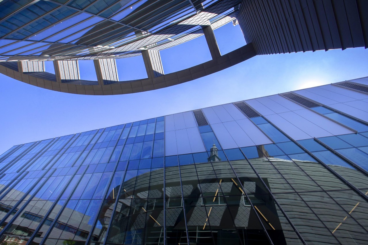 UC's Tangeman University Center reflecting in the windows of the press area of Nippert Stadium
