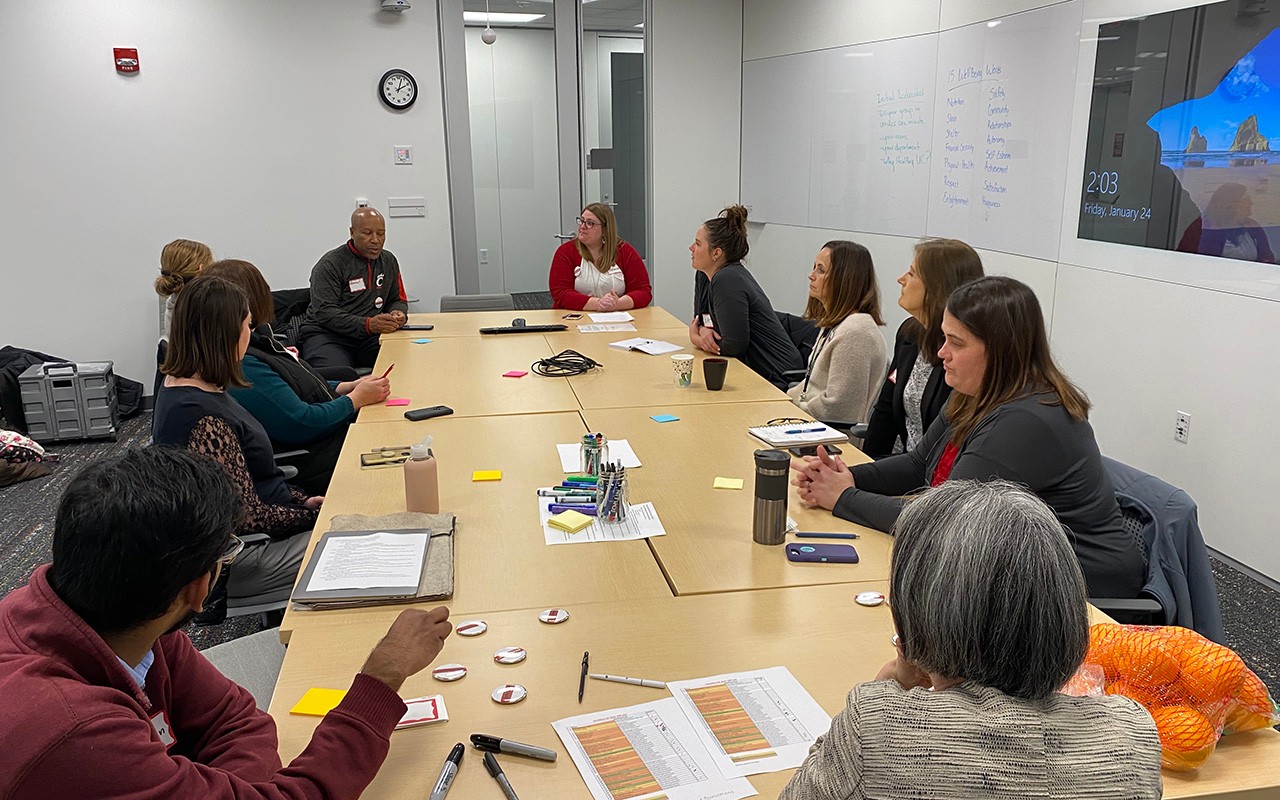 Staff sitting at table while brainstorming.