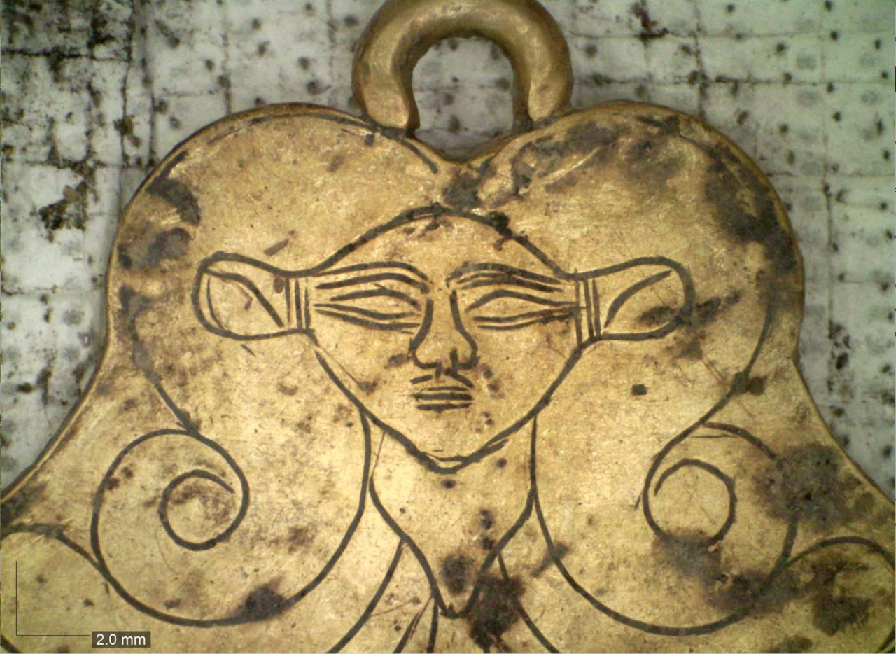 Close-up of a gold piece found in a Greek royal tomb