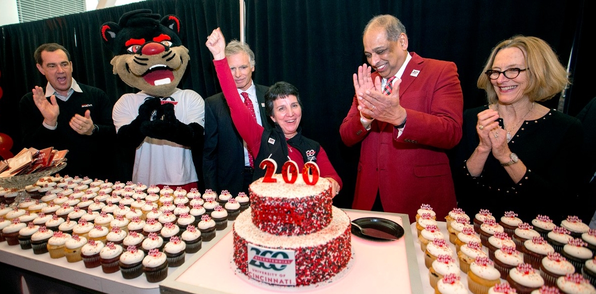 University of Cincinnati president Neville G. Pinto, Board Chairman William C. “Wym” Portman III, Provost Kristi Nelson, Kim Dobbs faculty, staff, students enjoyed the Bicentennial Birthday Celebration at Tangeman University Center (TUC) Thursday January 17, 2019. UC/Joseph Fuqua II