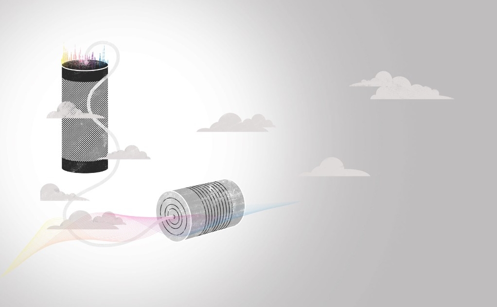 Illustration of a smart speaker connected to a tin can