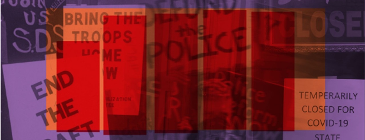 Graphic collage depicting protest signs from 1970 and 2020