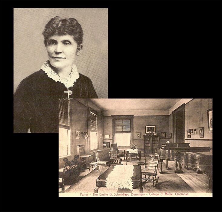 Composite image of Clara Baur and an 1800s classroom