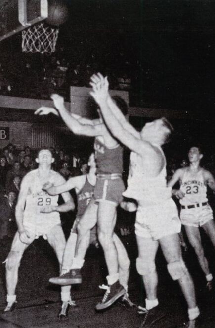 Black and white shot from a 1945 basketball game