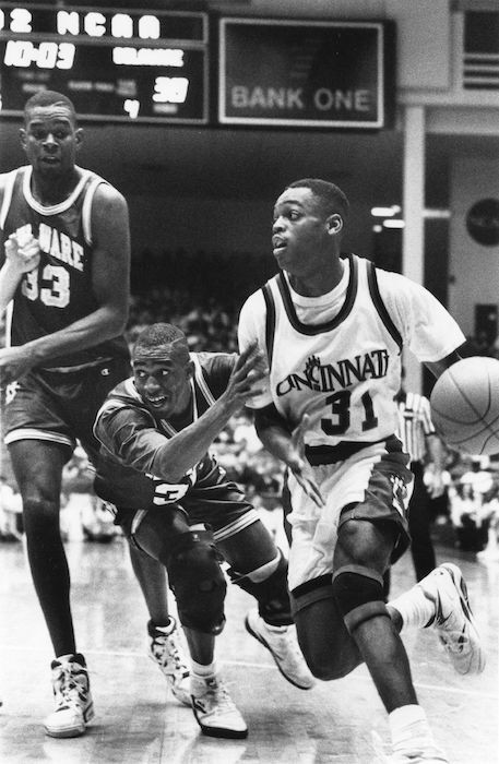 Black and white photo of a basketball game
