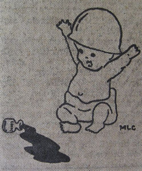 Newspaper illustration of a baby in a soldier's helmet kicking over a bottle of ink