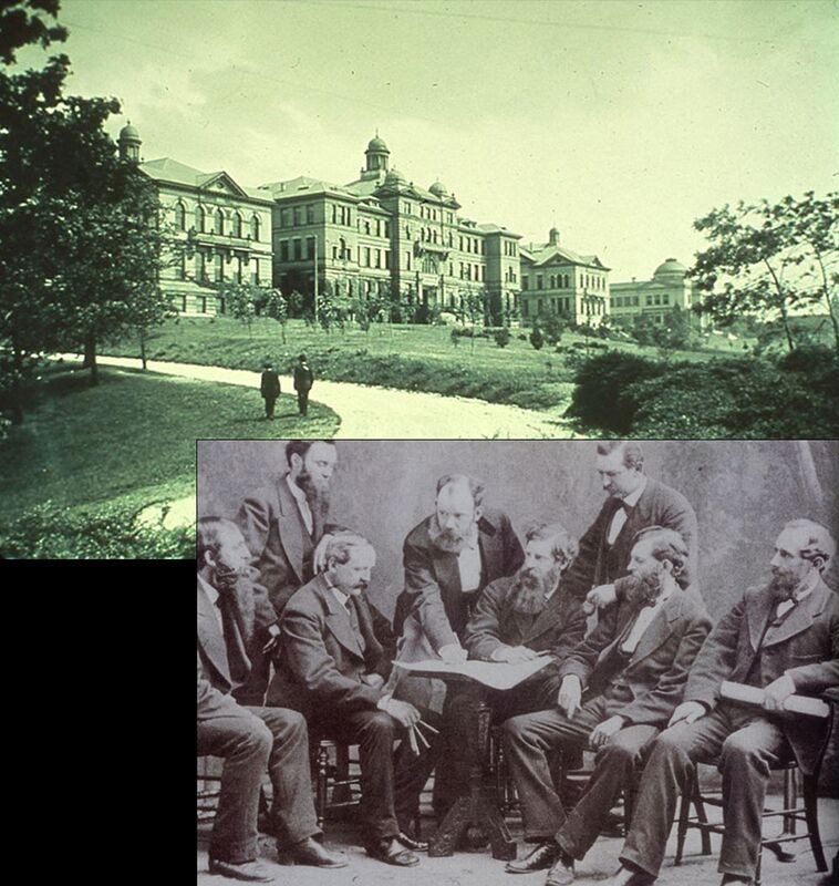 Composite image of McMicken Hall and architect Samuel Hannaford