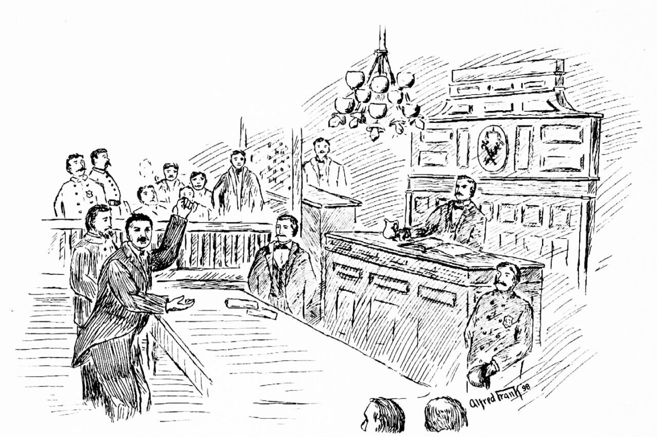 Black and white drawing of a court room scene