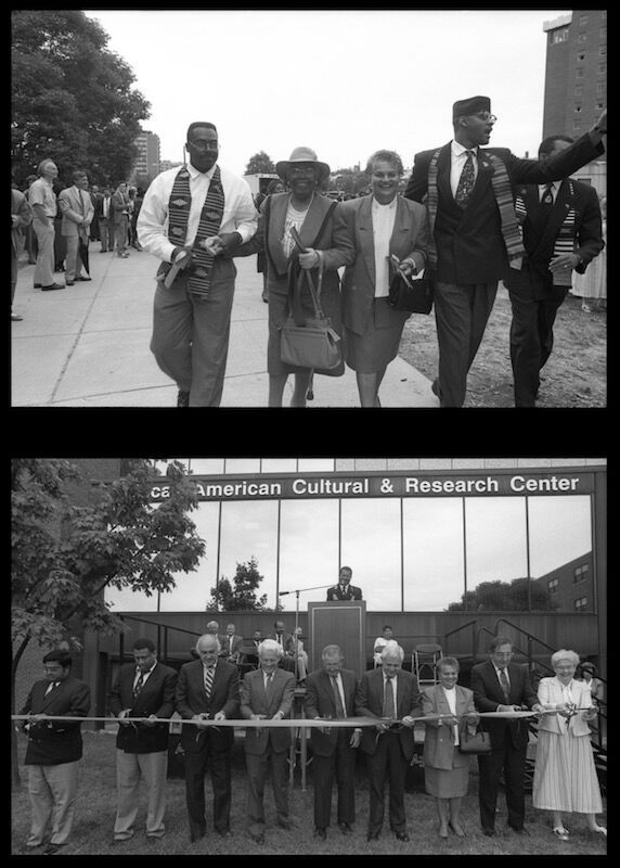 Black and white photos of the ribbon cutting of the AACRC