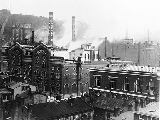 1800s brewery with smokestacks