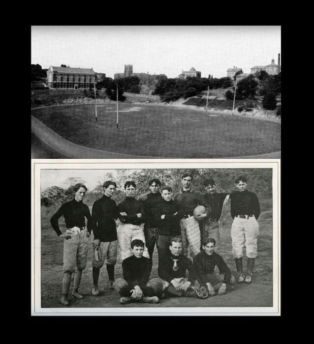 Black and white photos of Nippert Stadium and football players circa 1901