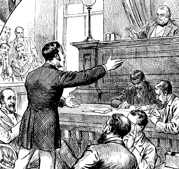 Black and white drawing of a court room scene