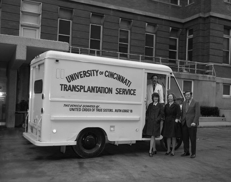 Black and white photo off a UC transplantation van in 1960s