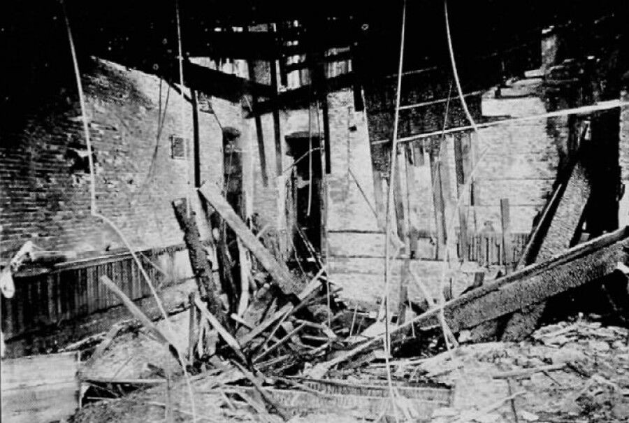 Black and white photo of fire damage