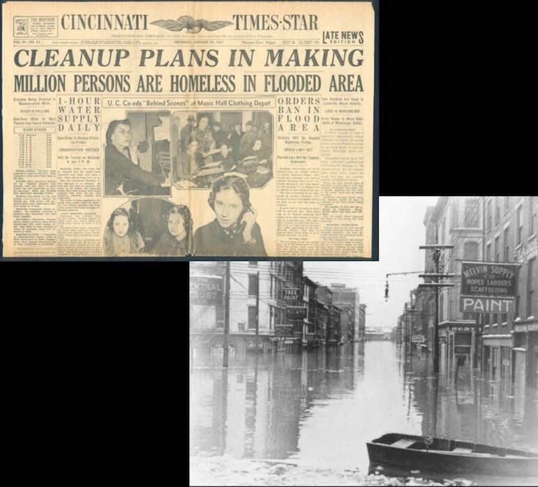newspaper clipping and photo of 1937 flood