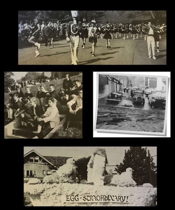 Composite image of first homecoming parade with marching band and floats 