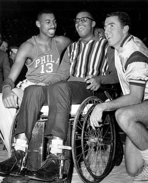 Black and white photo of Wilt Chamberlain, Maurice Stokes and Jack Twyman