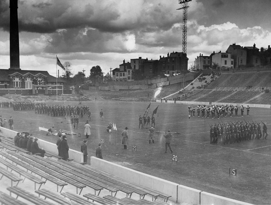 WWII soldiers running drills in Nippert stadium