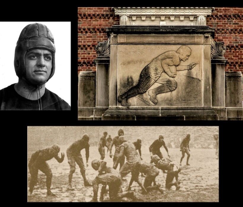 Composite image of Jimmy Nippert, football players and Nippert's  memorial