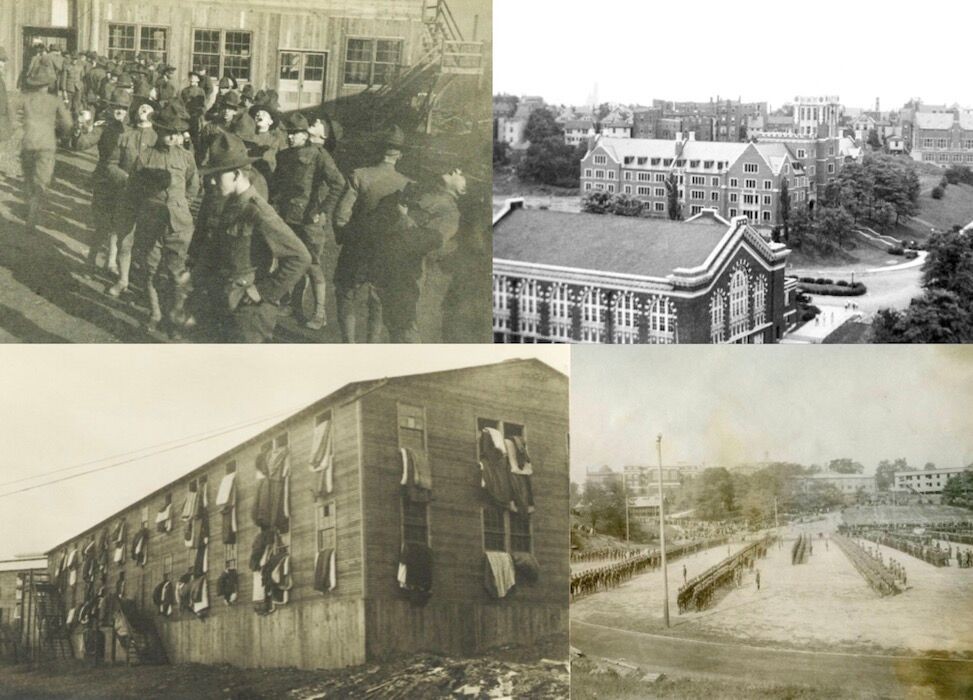 Composite image of barracks on campus and students training