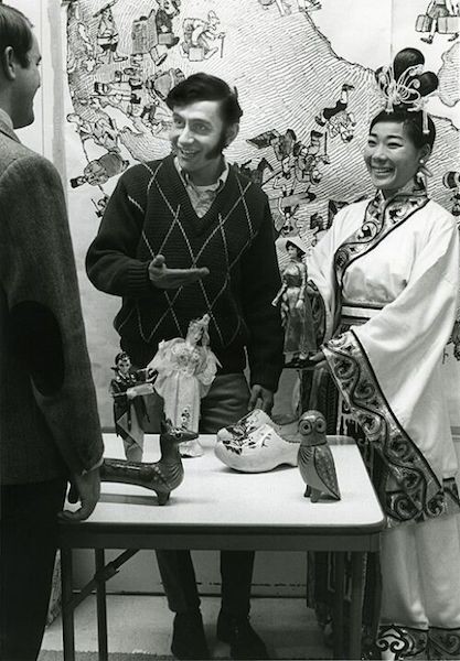 Black and white photo of a booth at UC's first International Bazaar