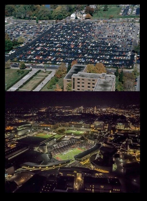 Photo of an old campus parking lot above a new photo of the campus lit beautifully at night