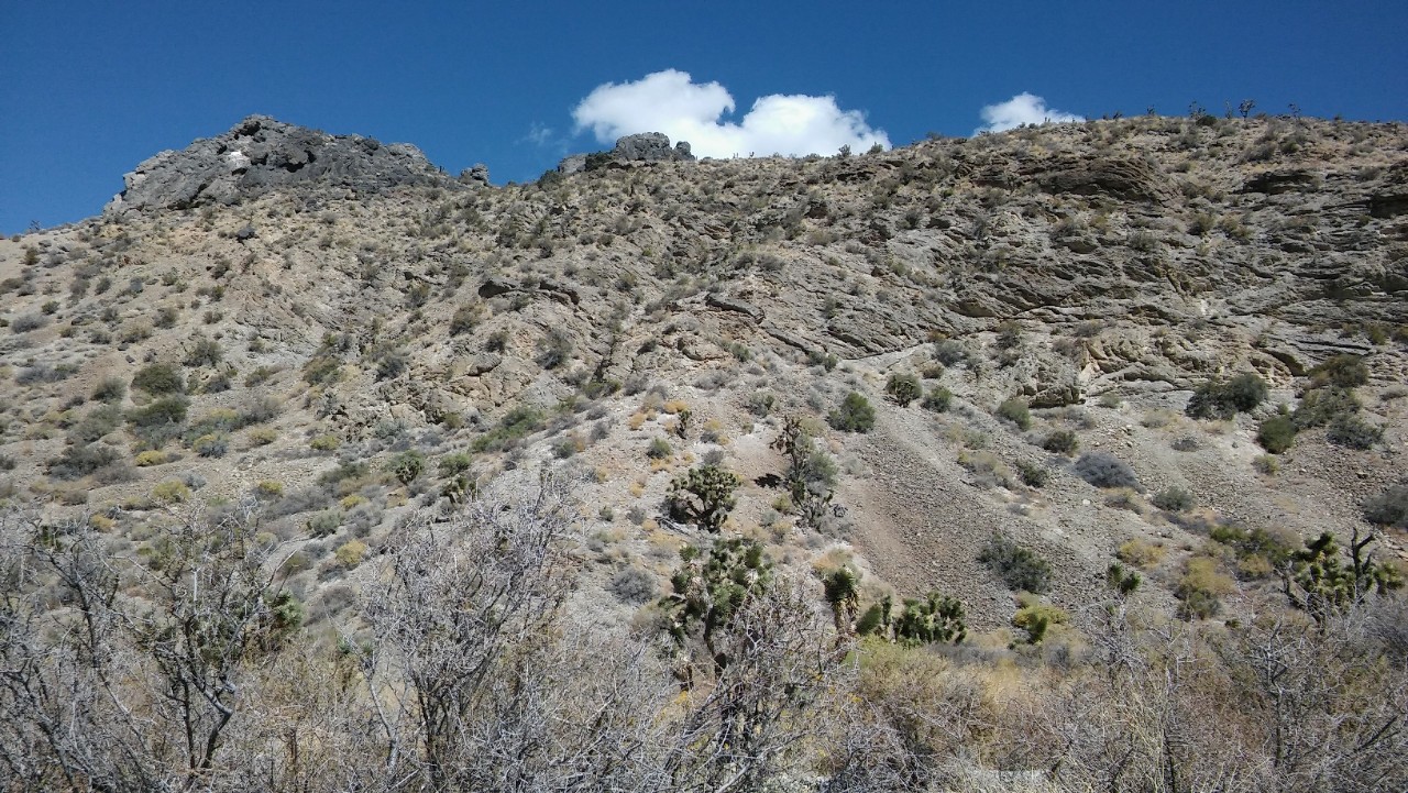 A Nevada mountain slope shows loose rock and other evidence of landslides under a blue sky.