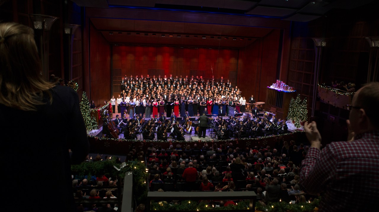 A holiday-themed performance in the newly-renovated Corbett Auditorium receives a standing ovation.