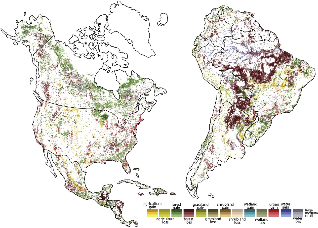 Tomasz Stepinski's landscape map of North and South America shows which areas have seen the greatest change over the last 25 years.