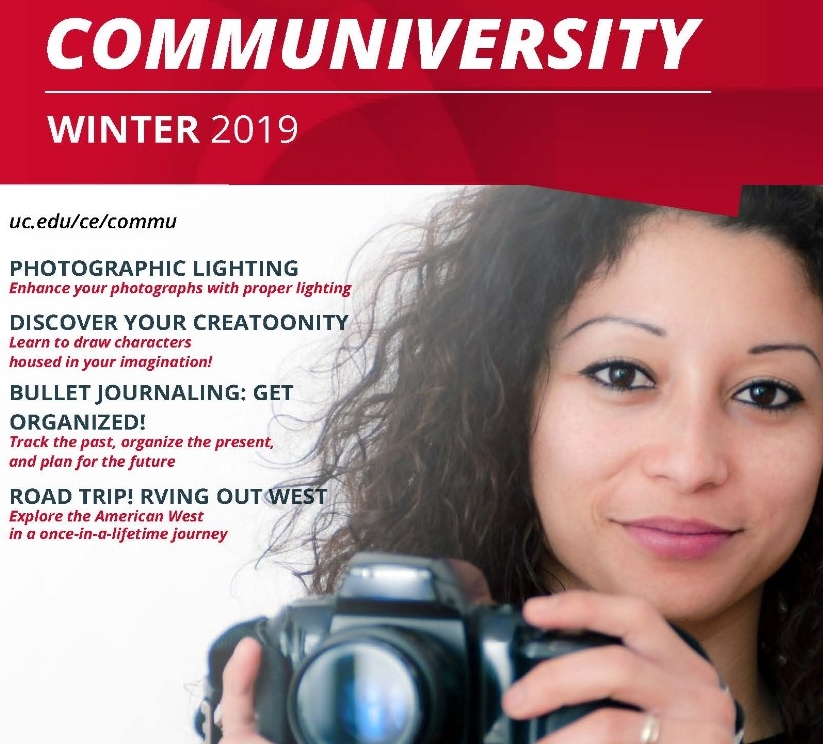 Winter 2019 Communiversity catalog cover. Courses listed on the cover include "Photographic Lighting," "Discover your Creatoonity," "Bullet Journaling: Get Organized!" and "Road Trip! RVing out West." 