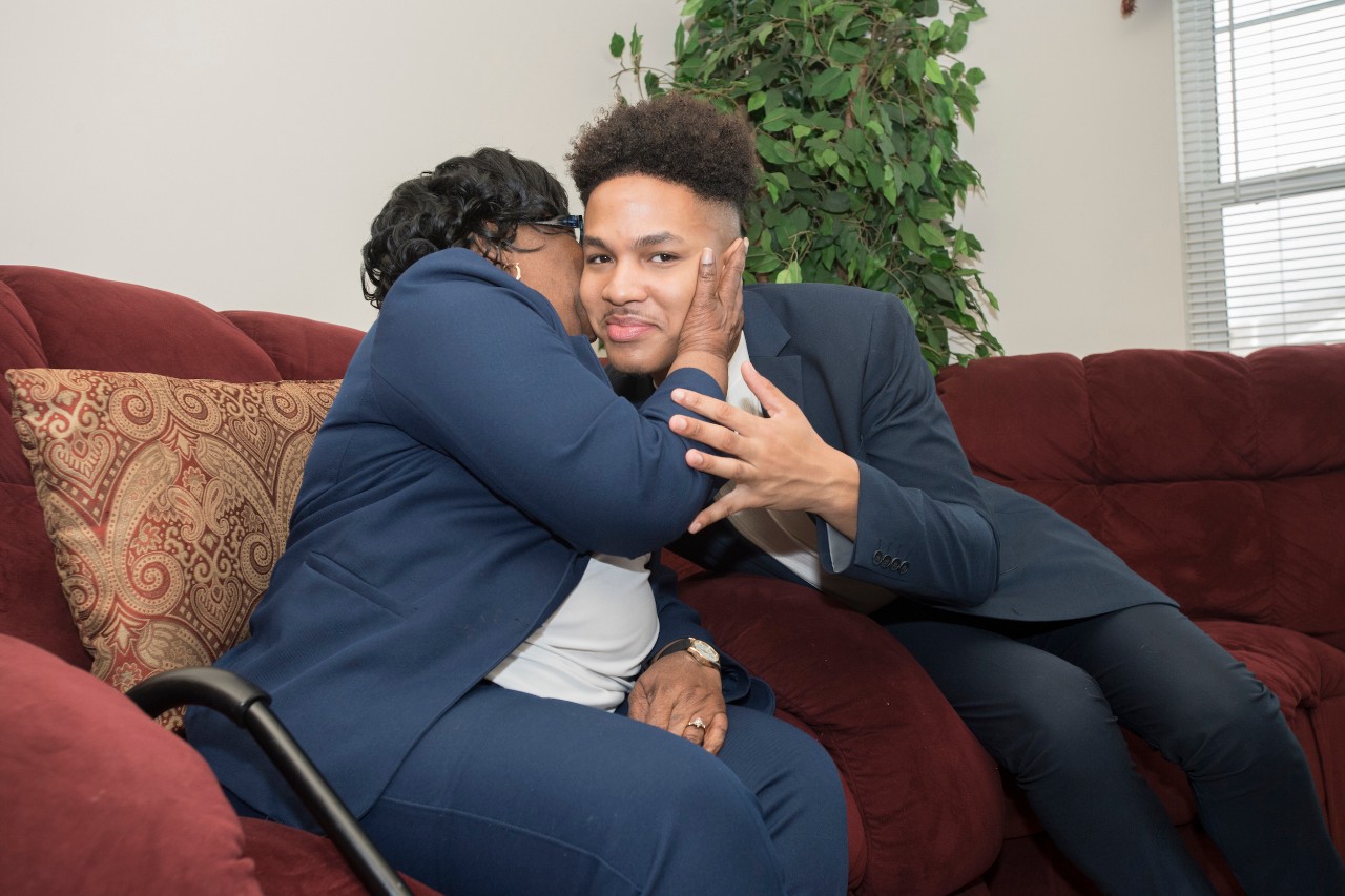 Alberto Jones, UC students shown here with his mother Betty at their home in Dayton, Ohio. UC/Joseph Fuqua II
