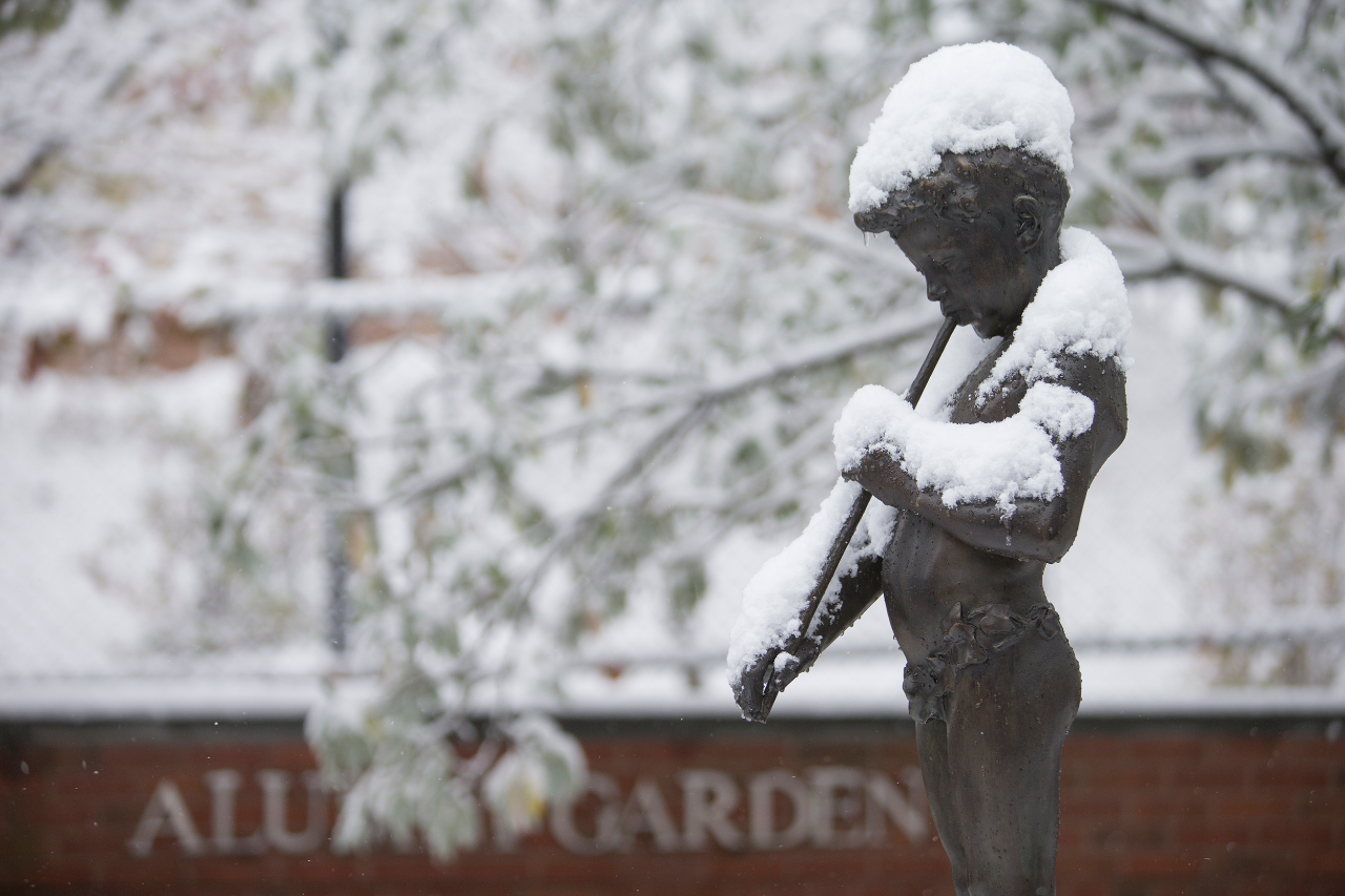 CCM's alumni garden covered in snow.
