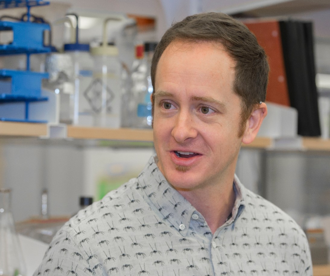Nathan Morehouse, UC biology professor, left and Alexis Dodson, UC student spoke about their research on jumping spiders in Morehouse lab at Rieveschl. UC/Joseph Fuqua II