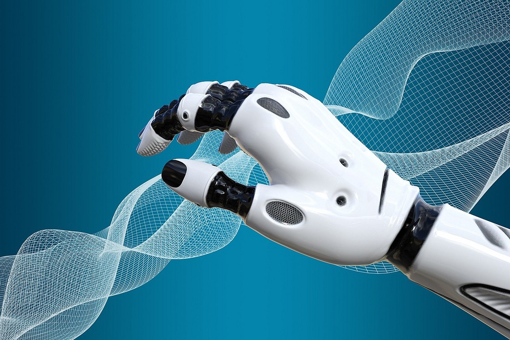 An artificial intelligence hand reaches toward a helix