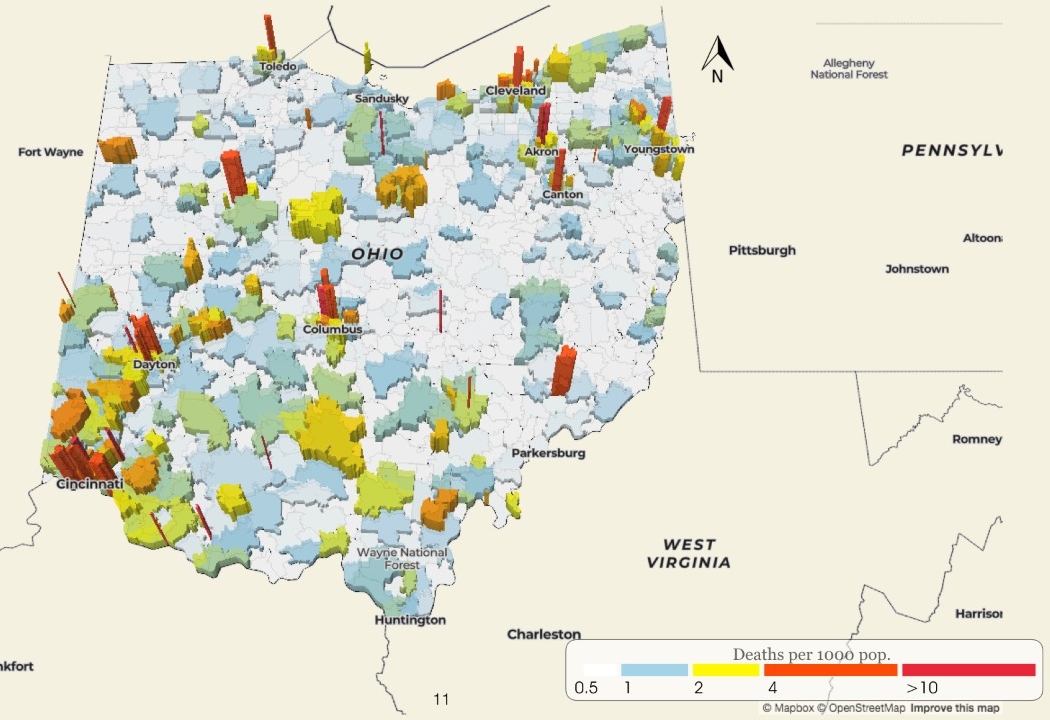A map shows the rate of opioid fatalities in Ohio.