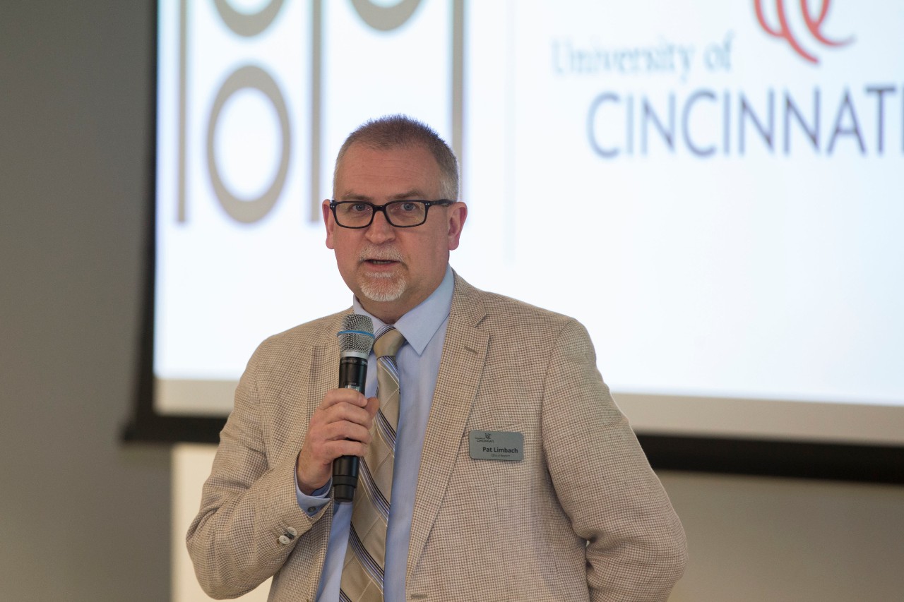 Pat Limbach, PhD Vice president for Research spoke during Presidential Kick-off for Research week at 1819 Innovation Hub Monday April 1, 2019. UC/ Joseph Fuqua II
