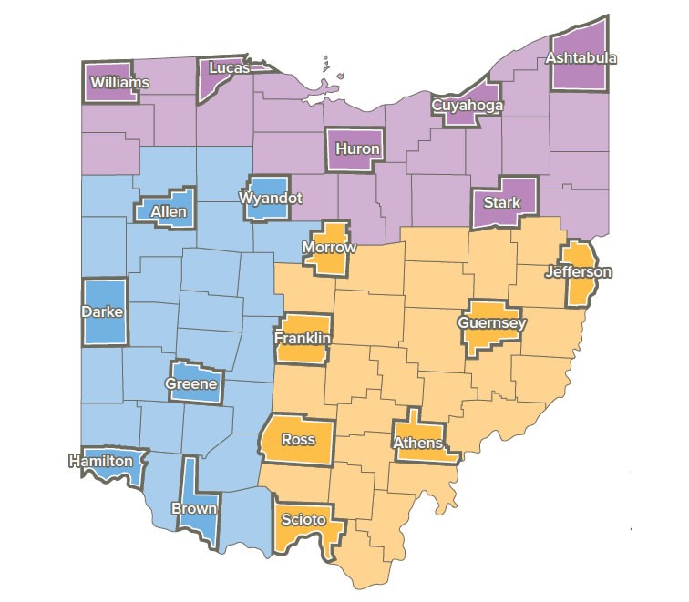 ohio map of 19 counties within grant