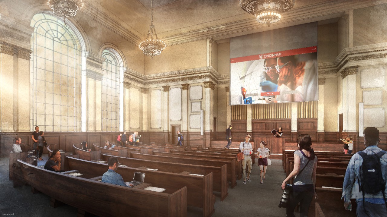 An artist's rendering of a large lecture room in Probasco Auditorium.