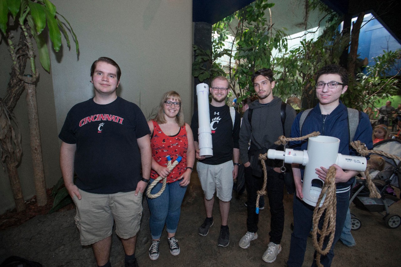 UC engineering students shown here with their Hornbills design enrichment device left to right Bradley Davidson, Jordan Perrin, Frank Bolek, Michael Mallory and Justin Meyer at Cincinnati Zoo. UC/ Joseph Fuqua II