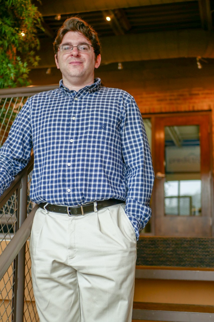 Seigel standing on stairs