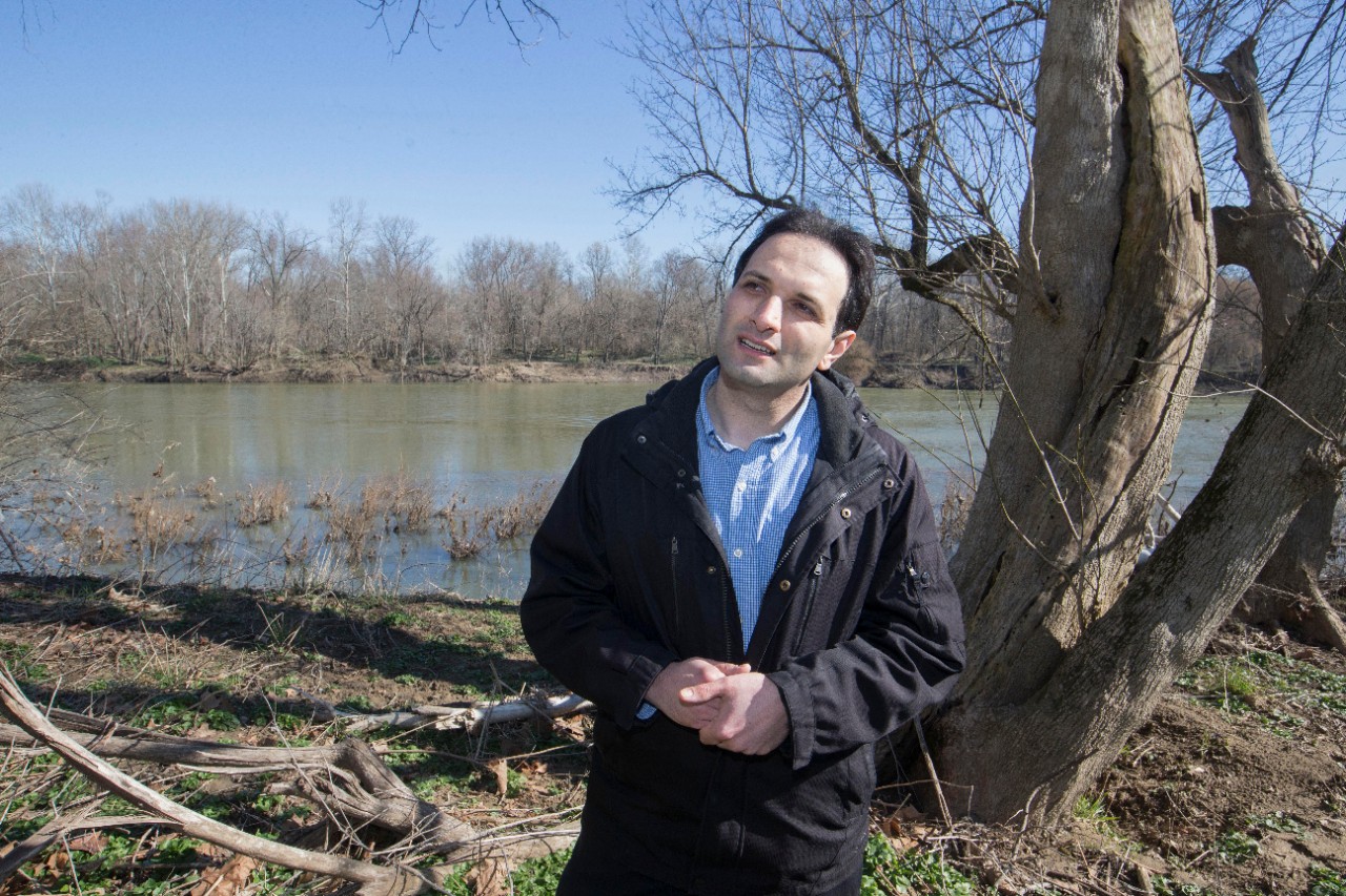 UC professor Reza Soltanian gestured as he spoke about his research at Groundwater Observatory at Miami Whitewater Forest. UC/Joseph Fuqua II