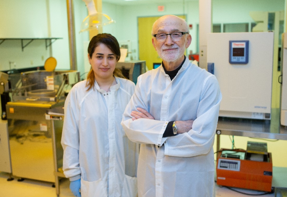 Dr. Andrew Steckl (Chemical Engineering) has a study on biosensors that was published in the Journal of the American Chemical Society. Shown here in his lab with doctoral student Shima Dalirirad.