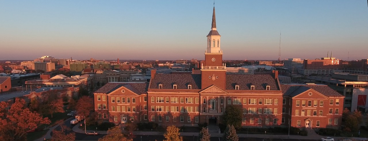 Aerial view of University of Cincinnati at sunset