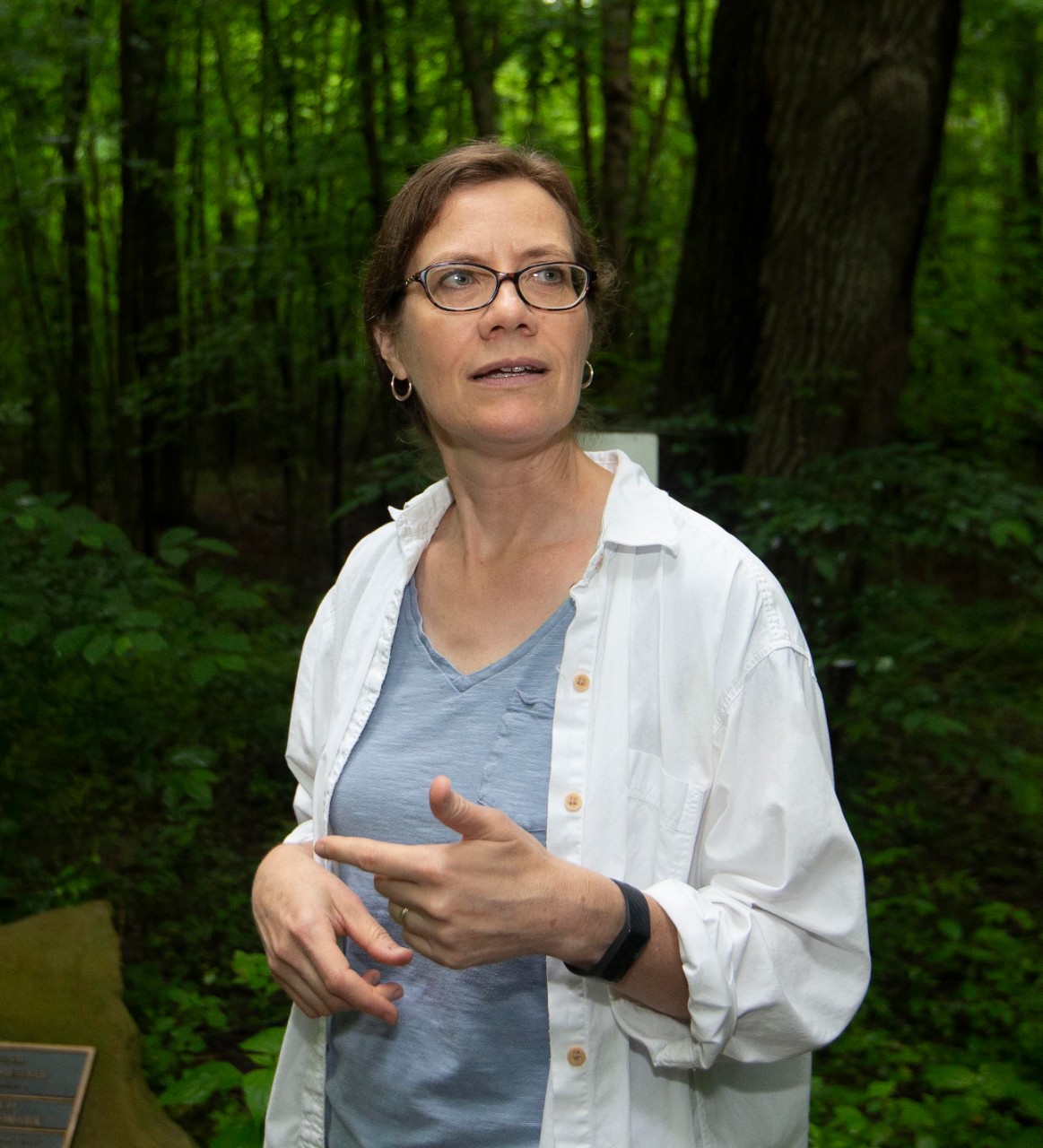 Theresa Culley, UC biology professor shown here with invasive Bradford or Callery pear trees at Harris benedict Nature Preserve in Hazelwood, Ohio.  UC/Joseph Fuqua II