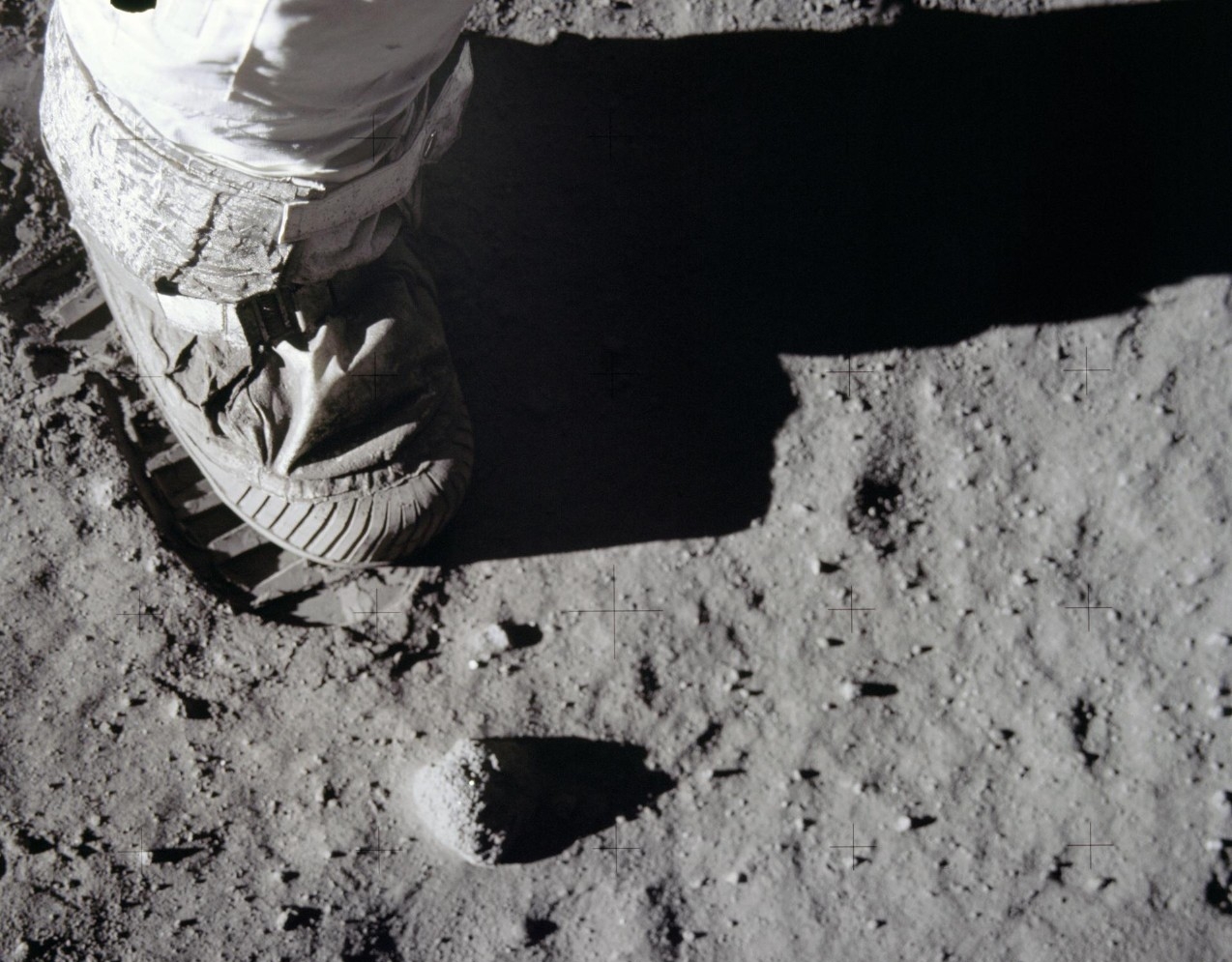 An image of the top of the boot on the granular surface of the moon.