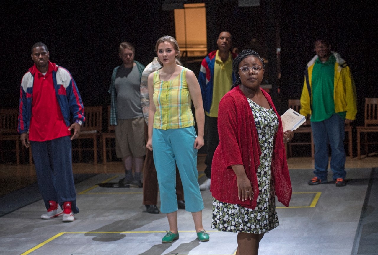 Derrick Wheatt (Sankara Harouna), Clarence Elkins (Thomas J. Capobianco), Rickey Jackson (Eric Shane, hidden), Nancy Smith (Maria Miller), Eugene Johnson (Miles Wilson-Toliver), law student Alesha (Victoria Okafor), and Laurese Glover (Terrence Chin-Loy) in Cincinnati Opera’s world premiere production of Blind Injustice. Photo by Philip Groshong.