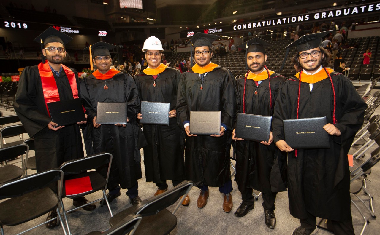 University of Cincinnati president Dr. Neville G. Pinto, faculty, staff, students and families enjoyed the 9am Summer Commencement Ceremony at Fifth Third Area Saturday August 10, 2019. Summer Commencement ceremony includes Doctoral, Master's, Bachelor's, and Associate's degrees for students. UC College of Engineering and Applied Science students posed for a photo. UC/Joseph Fuqua II