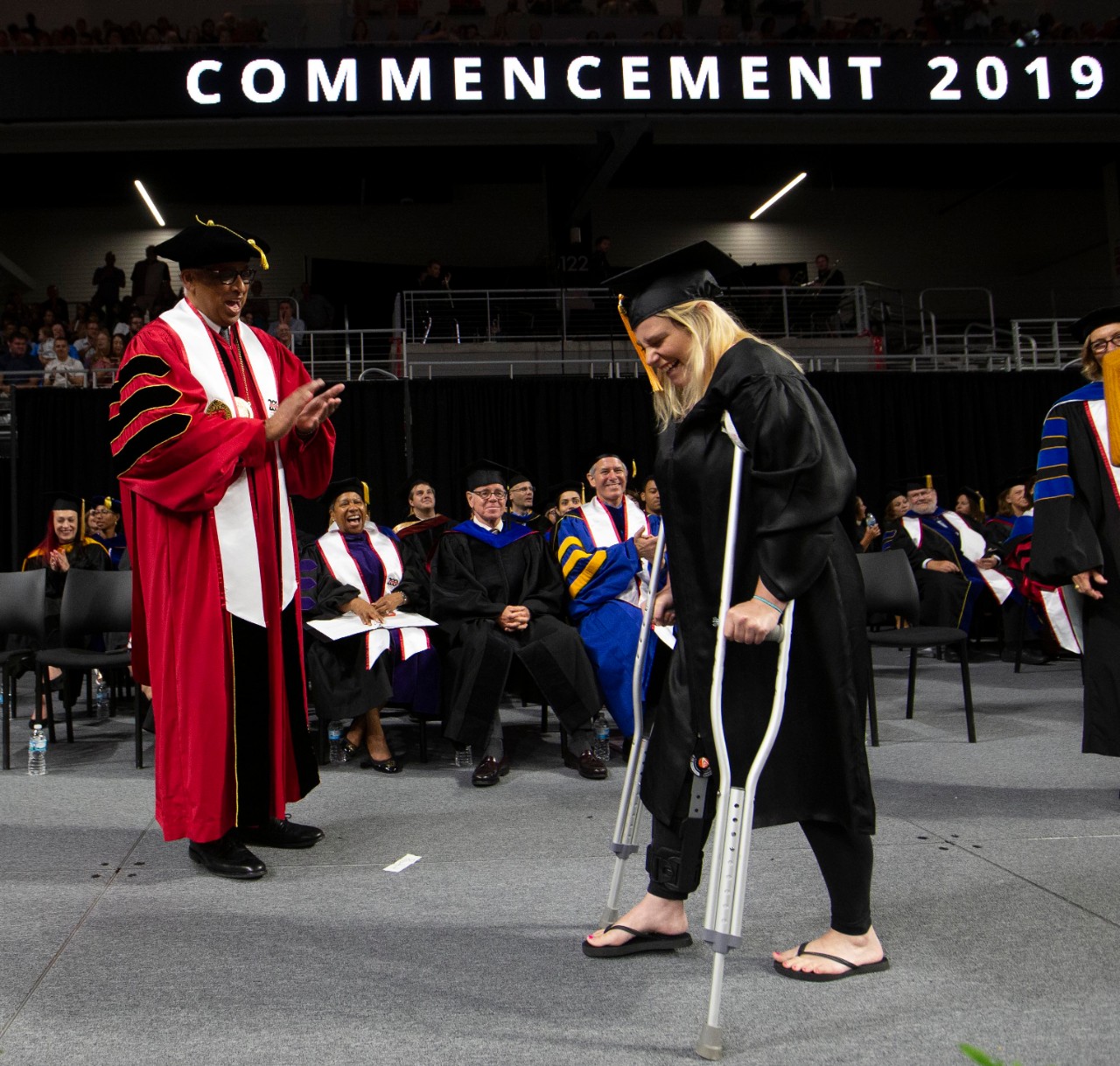University of Cincinnati president Dr. Neville G. Pinto, faculty, staff, students and families enjoyed the 9am Summer Commencement Ceremony at Fifth Third Area Saturday August 10, 2019. Summer Commencement ceremony includes Doctoral, Master's, Bachelor's, and Associate's degrees for students. University of Cincinnati president Dr. Neville G. Pinto cheered as UC college of Nursing student crossed the stage. UC/Joseph Fuqua II