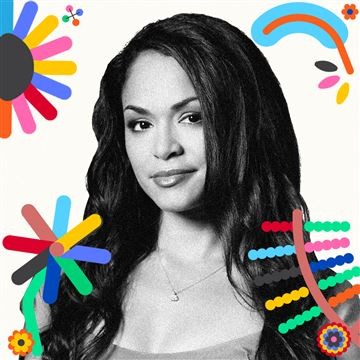 black and white headshot with colorful flower illustrations