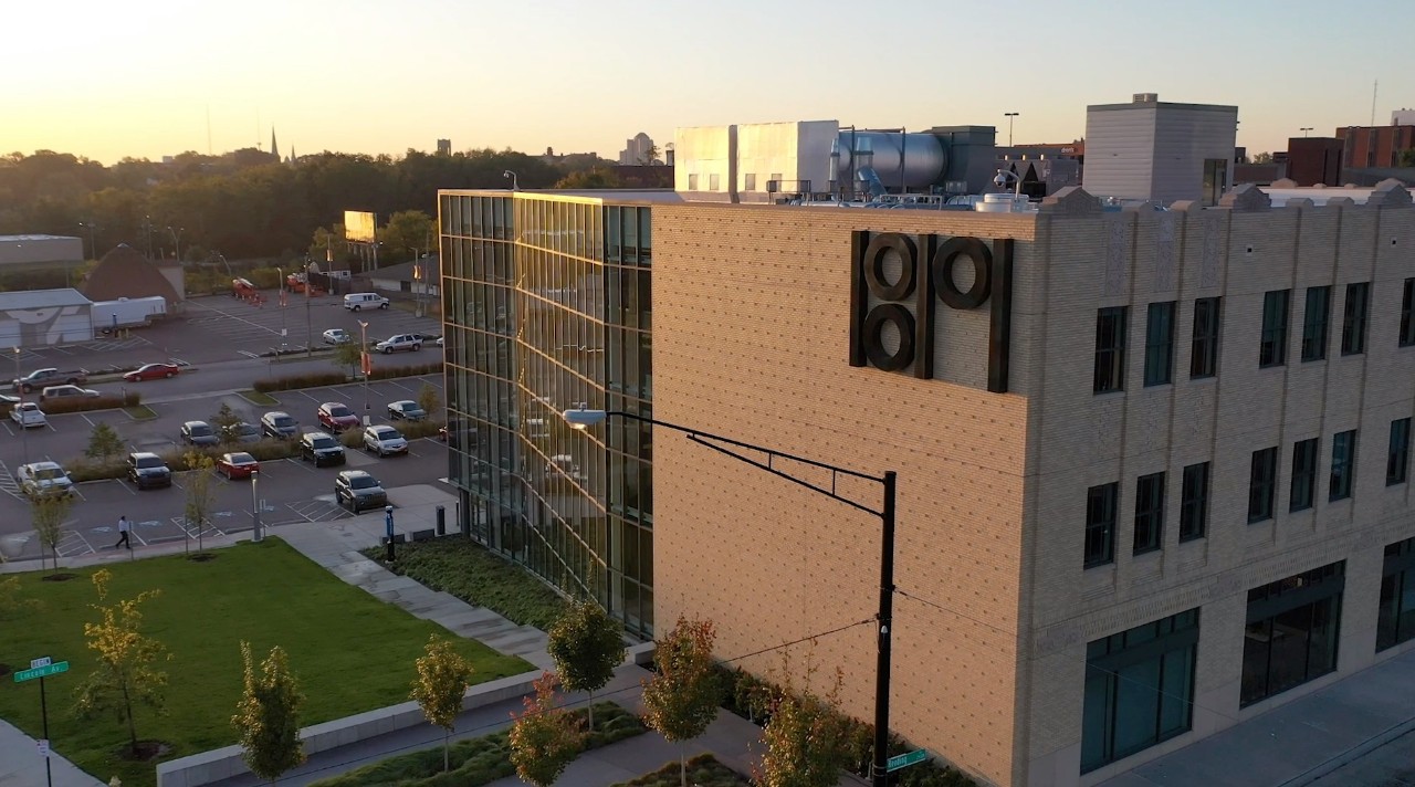 A building with a large glass facade